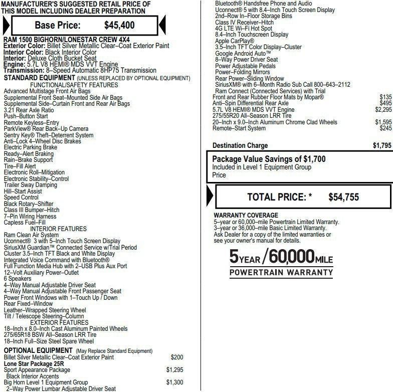 2022 RAM 1500 Lone Star Crew Cab 4x4 5'7" Box